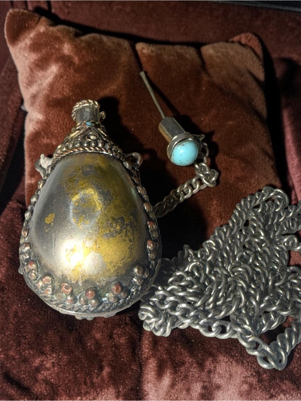 Vintage Ornate Perfume Bottle Pendant Necklace Turquoise Accent Silver Tone - Picture 3 of 6